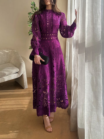 Woochic robe mi-longue brodée à manches longues cintrée traîne violet S